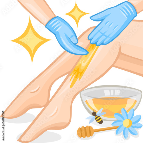 Hair removal with sugaring. Cosmetologist removes unwanted hair from legs of a girl with a help of sugar paste depilation. Depilation vector collection. No hair
