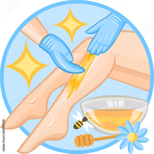 Hair removal with sugaring. Cosmetologist removes unwanted hair from legs of a girl with a help of sugar paste depilation. Depilation vector collection. No hair Logo