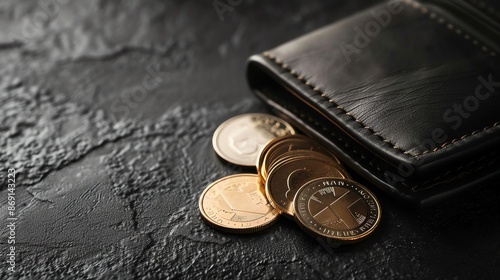 black leather wallet with coins on a dark background 