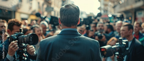 Wallpaper Mural Inspiring Leader Addressing Crowd with Journalists, Media Coverage, Press Conference Microphones Torontodigital.ca