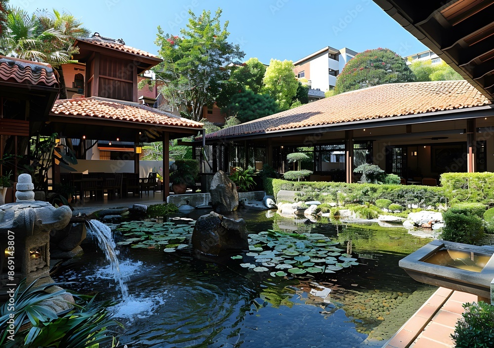A beautiful garden with a pond, waterfall, and traditional Japanese house A beautiful garden with a pond, waterfall, and traditional Japanese house