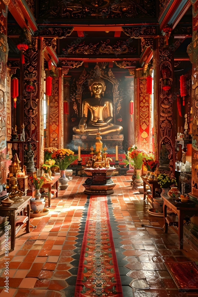A golden buddha statue sits in a buddhist temple with red decorations A golden buddha statue sits in a buddhist temple with red decorations