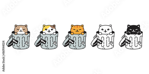 cat vector kitten rubbish bin garbage trash can icon calico neko pet cartoon character munchkin illustration symbol clip art isolated design
