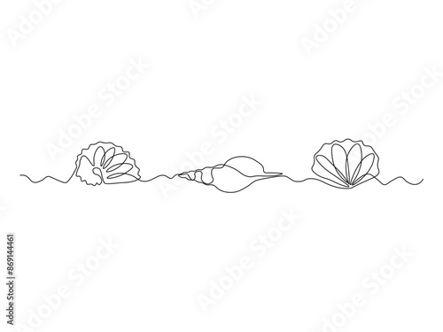 Three different shells in a row,continuous single line art drawing sketch, logo