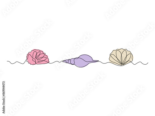 Three different shells in a row,continuous single line art drawing sketch, logo