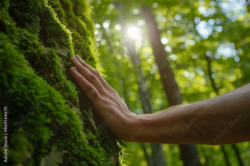 Closeup of a man's hand touching a moss-covered tree trunk in a forest, with sunlight filtering through the trees. A green natural concept with copy space.