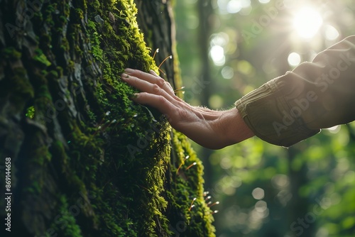 Closeup of a man's hand touching a moss-covered tree trunk in a forest, with sunlight filtering through the trees. A green natural concept with copy space.