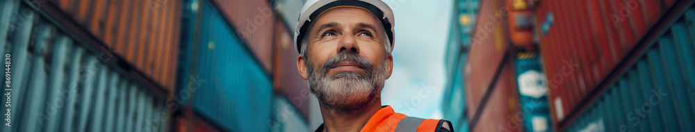 Indian worker standing in front of stacked shipping containers. Container terminal - freight shipping background. International trade banner. Import export concept. Indian worker standing in front of stacked shipping containers. Container terminal - freight shipping background. International trade banner. Import export concept.
