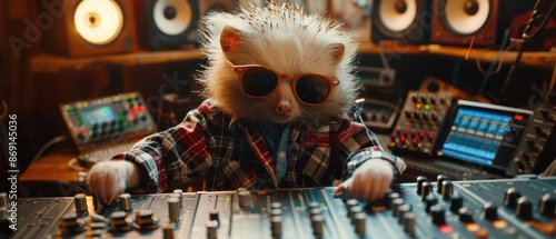 Echidna Cool Music Producer at Sound Control Console in Plaid Shirt and Sunglasses -