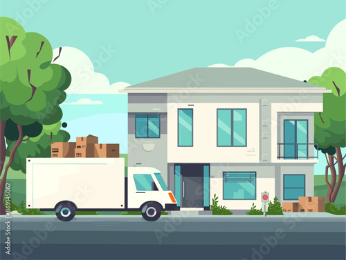 Moving Day: Animated Illustration of a Truck and Boxes Depicting the Process of Relocation