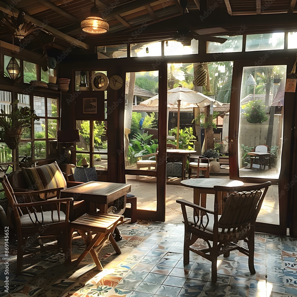Fototapeta premium Cozy Wooden Cabin Interior with Patio View