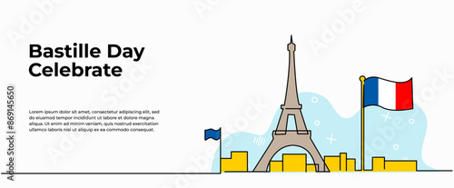 Vector illustration of  flag and tower of france.Modern flat in continuous line style.