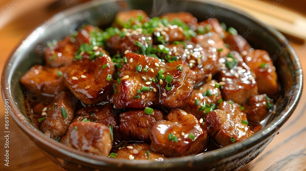 A bowl of diced beef with sesame seeds A bowl of diced beef with sesame seeds