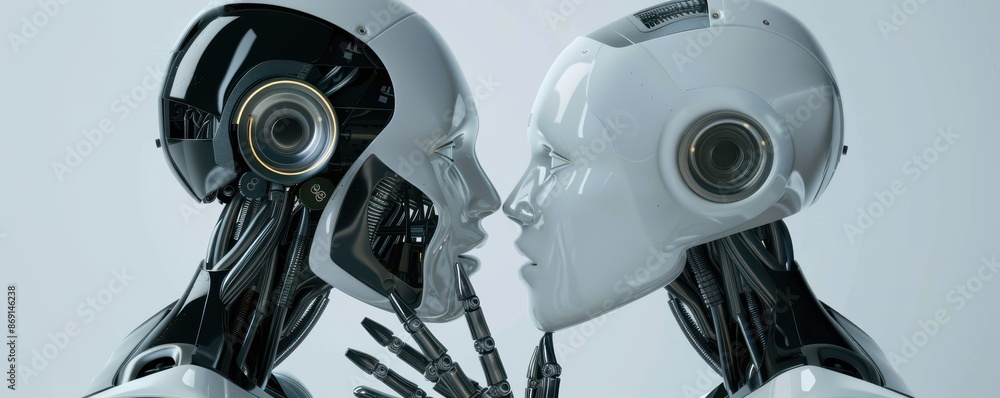 Futuristic image of two AI cyborgs, one whispering a secret to the other. Highlights advanced technology and intimate communication. Futuristic image of two AI cyborgs, one whispering a secret to the other. Highlights advanced technology and intimate communication.