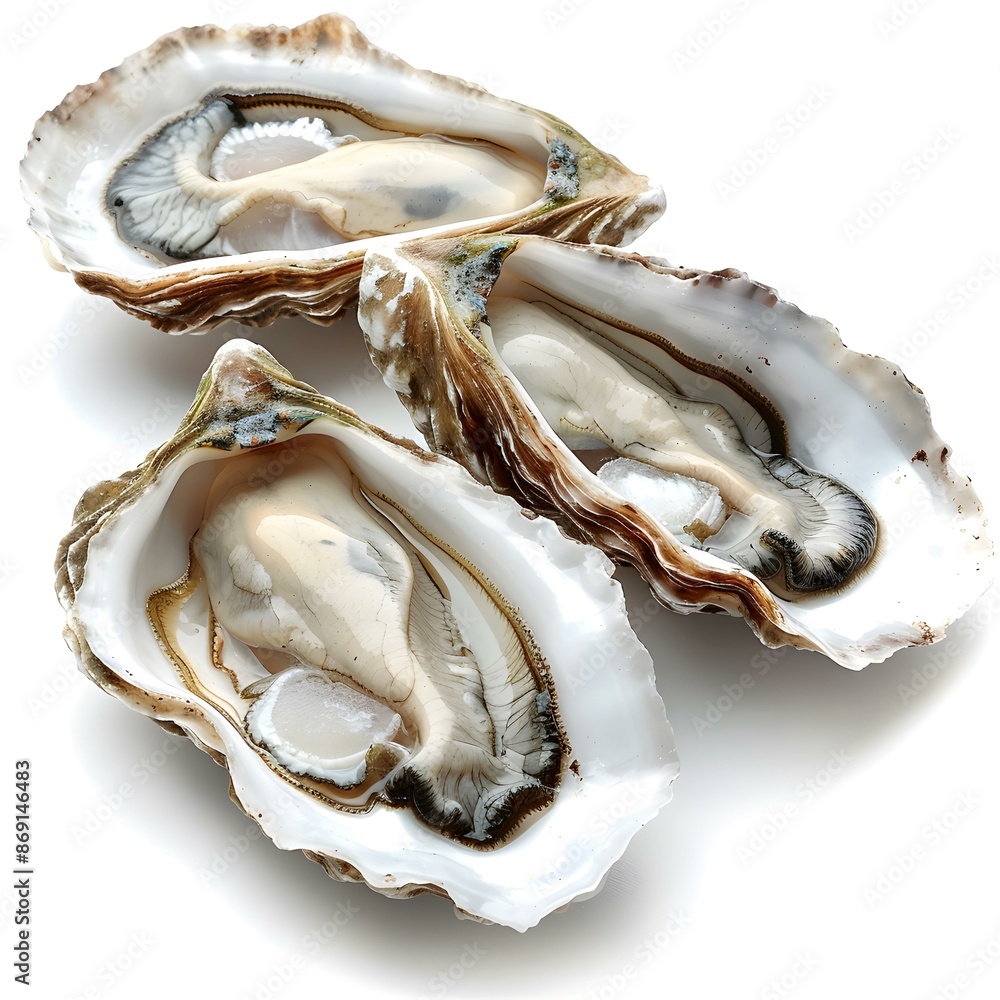 Three opened fresh oysters on a white background Three opened fresh oysters on a white background