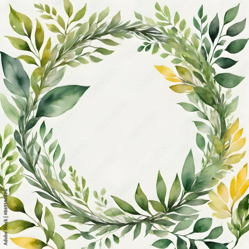 Circular watercolor foliage wreath with green leaves and yellow accents. Circle picture frame with green pastel leaves. Circular watercolor foliage wreath with green leaves and yellow accents. Circle picture frame with green pastel leaves.