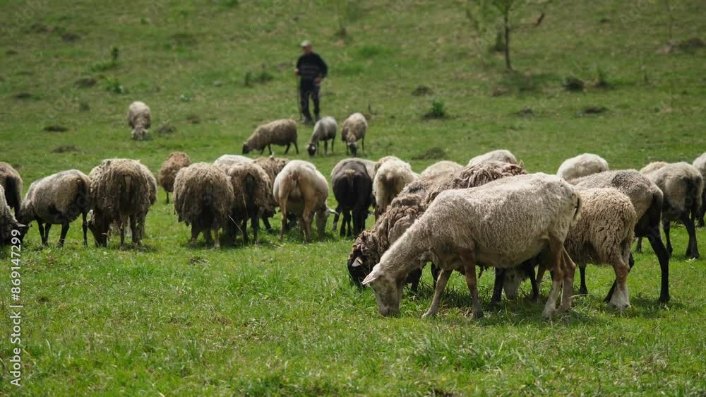 Shepherds graze a flock of sheep on a hill in a field. Beautiful view of sheep grazing among the hills in a field with grass. Sheep, rams and lambs against the background of a shepherd with a stick. Shepherds graze a flock of sheep on a hill in a field. Beautiful view of sheep grazing among the hills in a field with grass. Sheep, rams and lambs against the background of a shepherd with a stick.