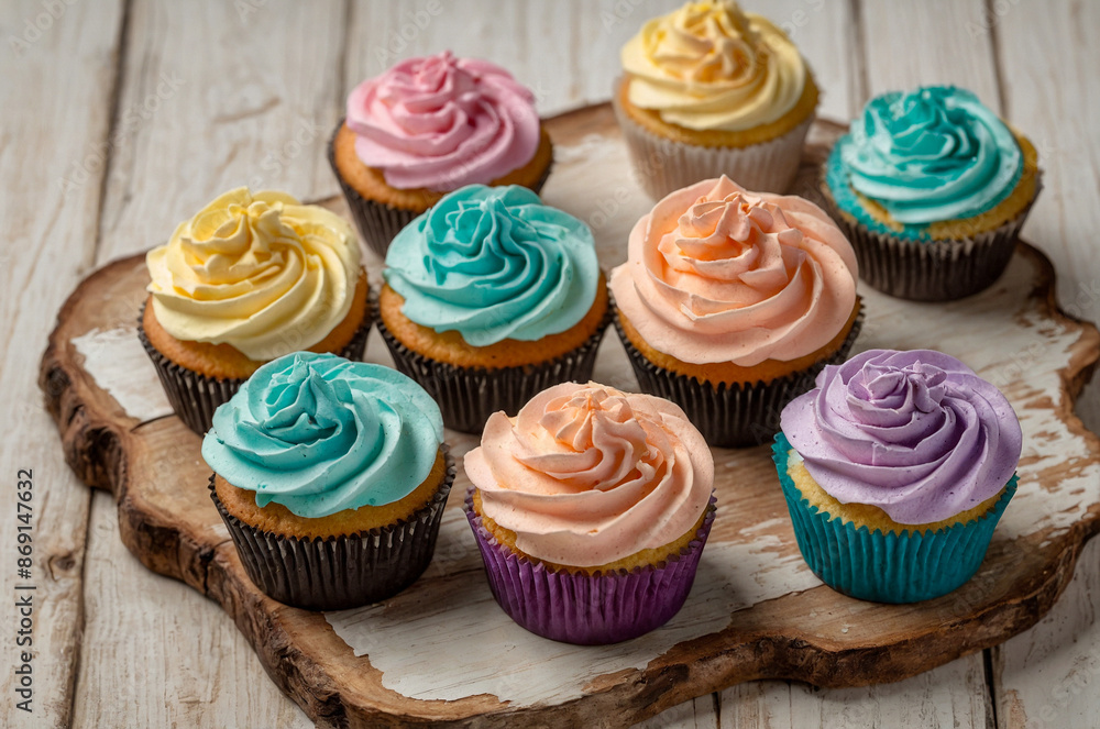 Cupcake Rainbow: A Burst of Color on Rustic Wood Cupcake Rainbow: A Burst of Color on Rustic Wood