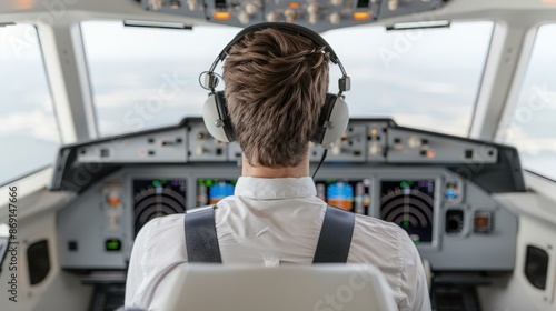 young caucasian male pilot flying airline plane, back view portrait, inside cockpit with dashboards