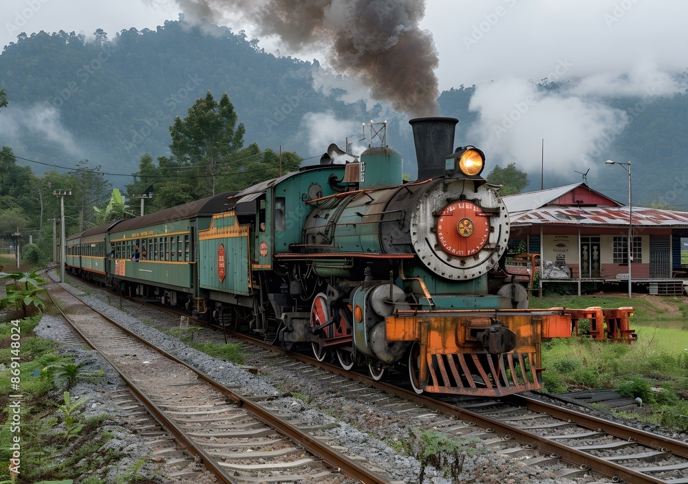 Obraz premium Vintage Steam Train Traveling Through Lush Green Forest