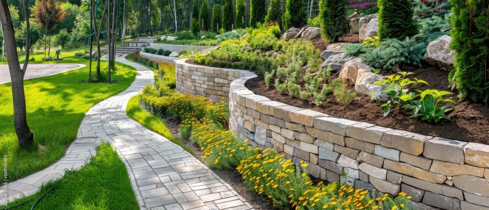 Retaining Wall Design with Concrete and Stone Collar for Garden and Park Landscaping amidst Nature's Beauty Retaining Wall Design with Concrete and Stone Collar for Garden and Park Landscaping amidst Nature's Beauty