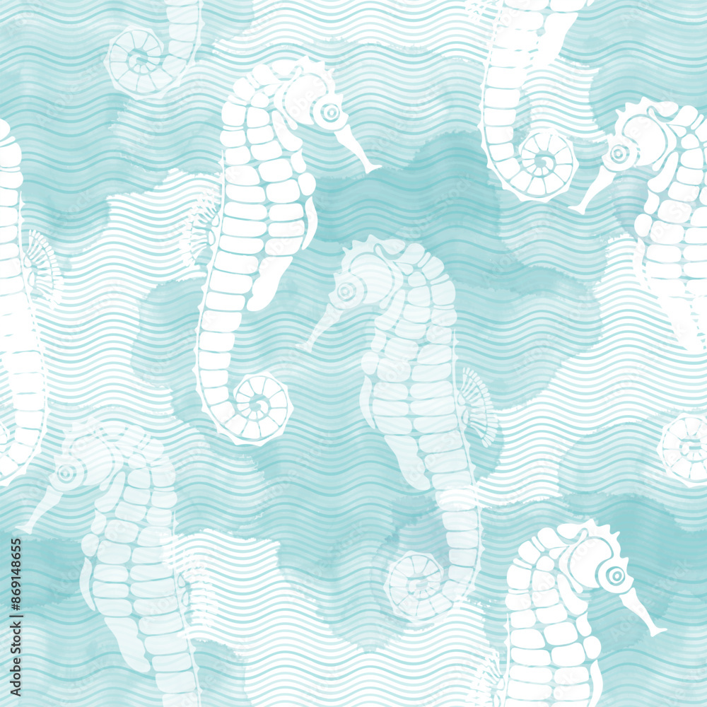 Seahorses. Art background on a marine theme. Hand drawn seamless vector ...