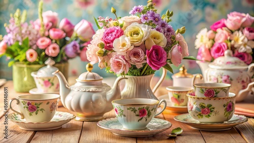 Fototapeta Naklejka Na Ścianę i Meble -  Vintage Britain style tea party with beautiful flowers and tea set , vintage, britain, style, tea party, flowers