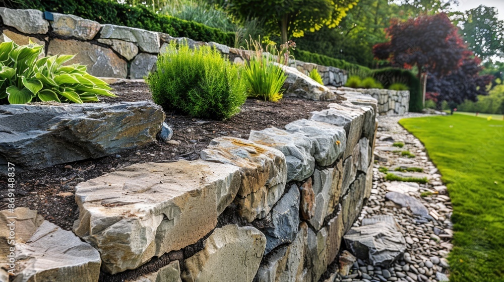 Retaining Wall Design with Concrete and Stone Collar for Garden and Park Landscaping amidst Nature's Beauty