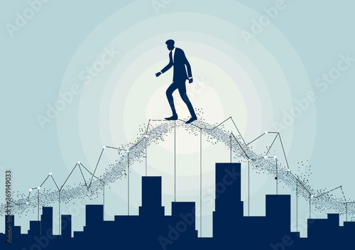 Businessman Balancing on Growing Line Graph Above Cityscape Representing Risky Investment and Market Fluctuations in Blue Minimalistic Vector Illustration