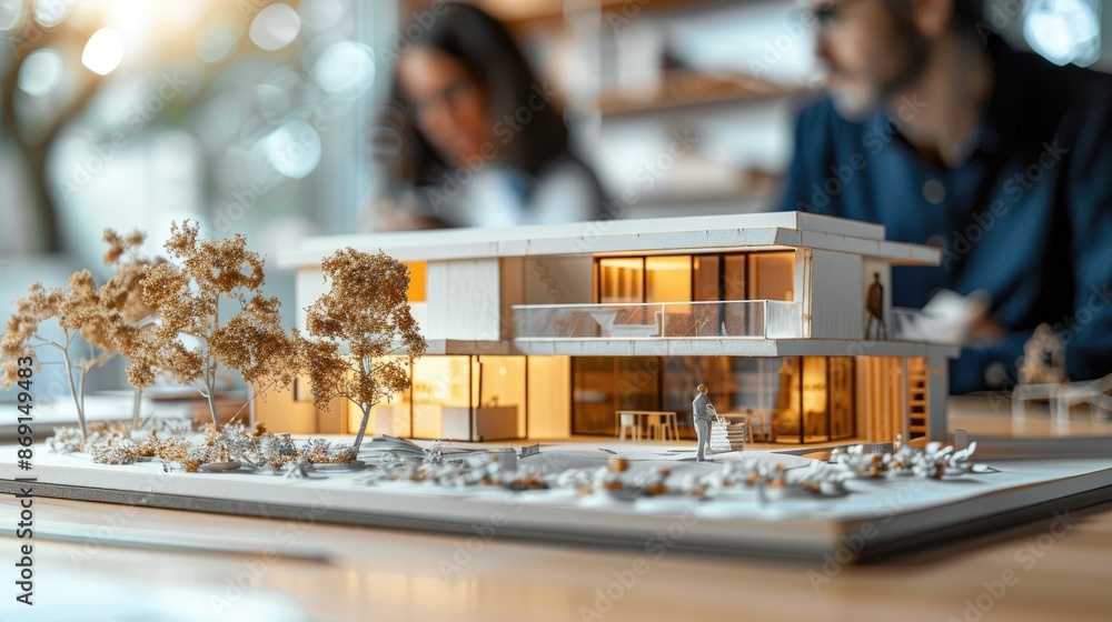 Architects crafting a modern house and eco-park paper model, office environment blurred. Architects crafting a modern house and eco-park paper model, office environment blurred.