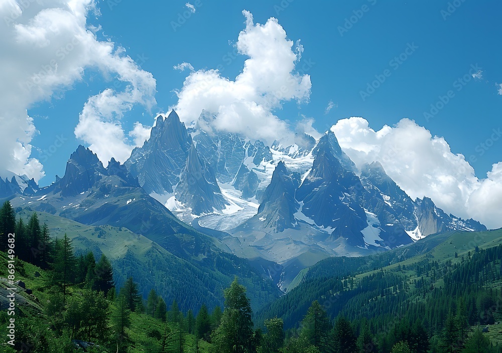 The majestic snow capped mountains with lush green valley and trees in the foreground