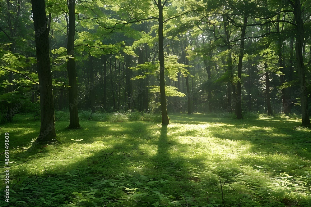 Fototapeta premium Sunlight Shining Through Trees in Green Forest
