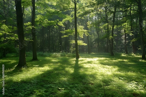 Sunlight Shining Through Trees in Green Forest