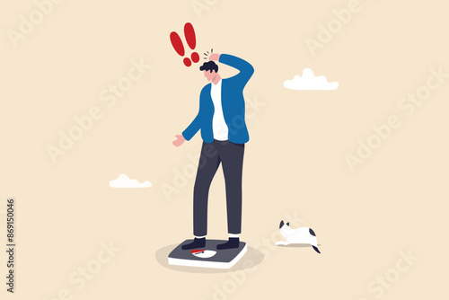Obesity, overweight or unhealthy lifestyle cause gaining weight, belly disease, diabetes or nutrition problem concept, fatty man weighing on weight scale.