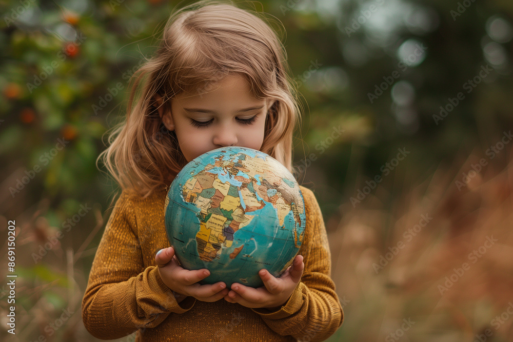 Kid embracing globe earth. The concept of world rotection, Earth Day, World Environment Day Kid embracing globe earth. The concept of world rotection, Earth Day, World Environment Day