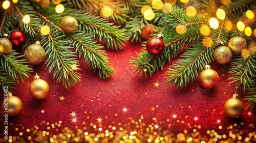 Christmas decoration border with fir branches and golden glitter confetti and sparkles of lights blur bokeh on red background. Bright Christmas and New Year design holiday frame. 