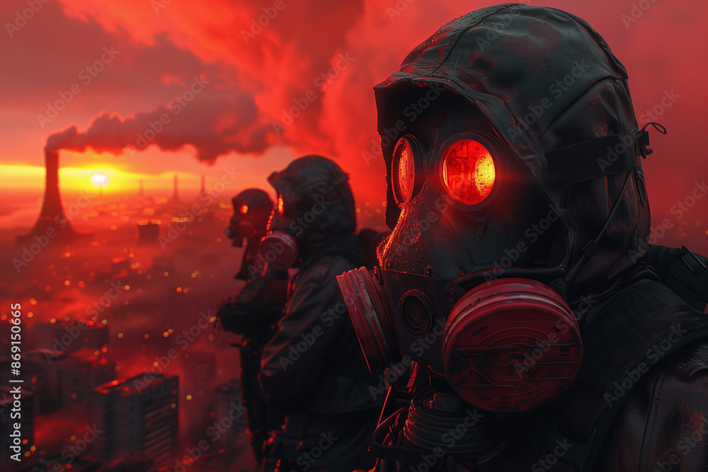 Post apocalyptic survivor in gas mask. Environmental disaster, armageddon concept Post apocalyptic survivor in gas mask. Environmental disaster, armageddon concept