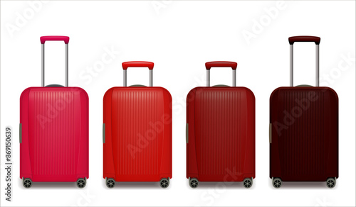 Set of Realistic red wheeled travel bags with hand. Plastic travel suitcase. 3d illustration isolated on white background. Vector illustration.