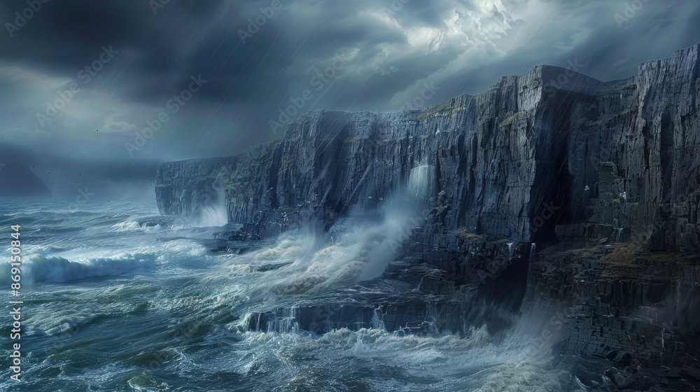 A stormy ocean with crashing waves and a rocky cliff in the background A stormy ocean with crashing waves and a rocky cliff in the background