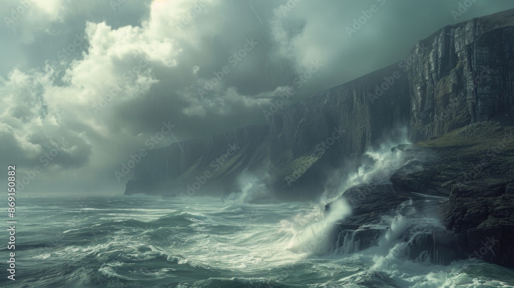 Obraz premium A stormy ocean with crashing waves and a rocky cliff in the background