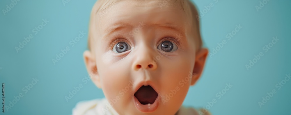 A baby with blue eyes is looking up at the camera with an open mouth. The baby's expression is one of surprise or excitement. Free copy space for text. A baby with blue eyes is looking up at the camera with an open mouth. The baby's expression is one of surprise or excitement. Free copy space for text.