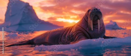 Majestic Walrus Resting on Iceberg at Sunset in 8K UHD Resolution, Arctic Wildlife and Nature Serenity