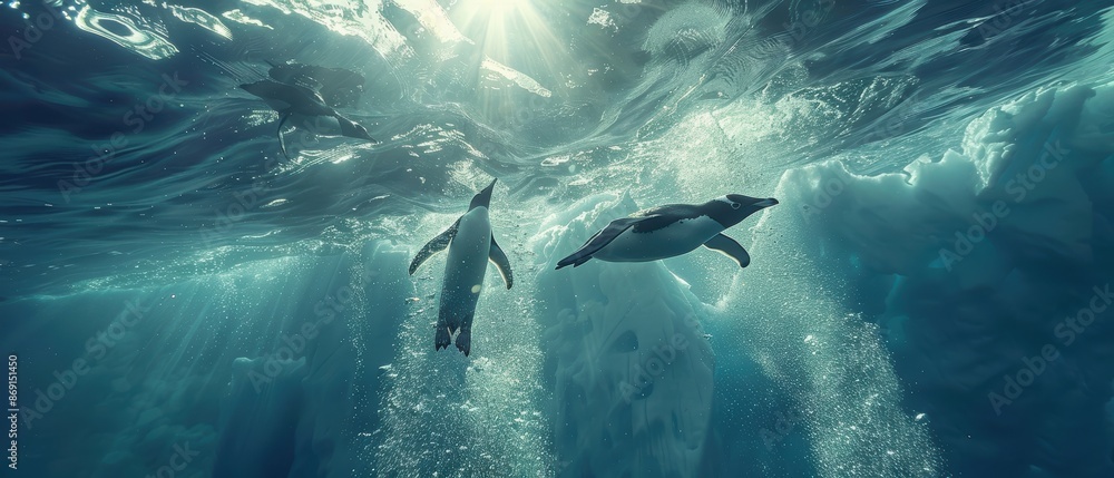 Fototapeta premium Majestic Penguins Diving off Iceberg into Sparkling Ocean under Sunlight in