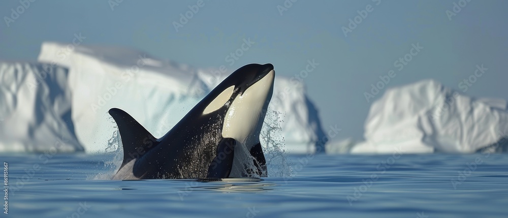 Fototapeta premium Majestic Orca Breaching Near Iceberg in Arctic Landscape with Clear Blue Sky -