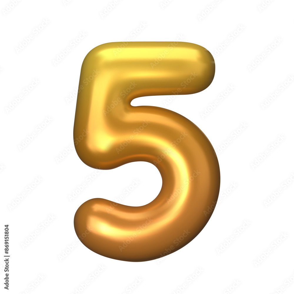 Numeral 5 - Golden Plastic Balloon Number five Isolated on White Background. 3D Style Vector Illustration Numeral 5 - Golden Plastic Balloon Number five Isolated on White Background. 3D Style Vector Illustration