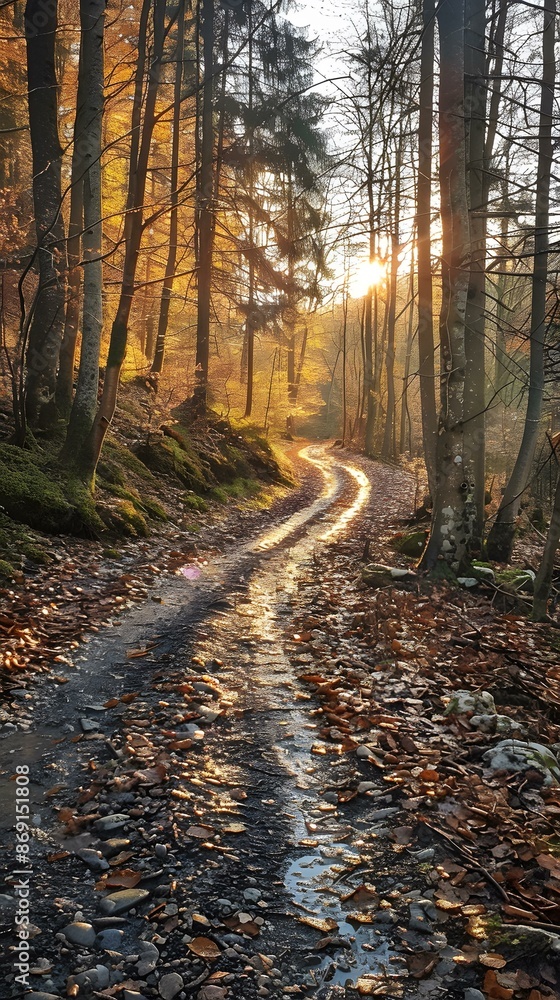 Fototapeta premium Forest Path With Sunlight Shining Through Trees In Autumn
