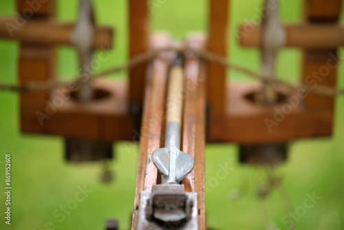 Fotografie Ancient Roman ballista with a loaded throwing arrow, close-up