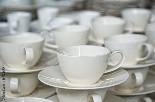 Close up of many empty white tea cups for company event hot beverage on tea time, catering and food service banquet preparations abstract concept