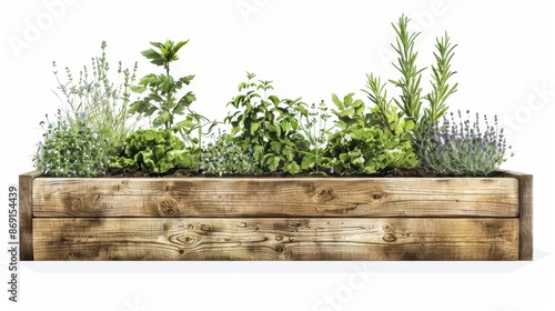 A wooden raised garden bed filled with various herbs including rosemary, basil, and mint, isolated on a white background. photo