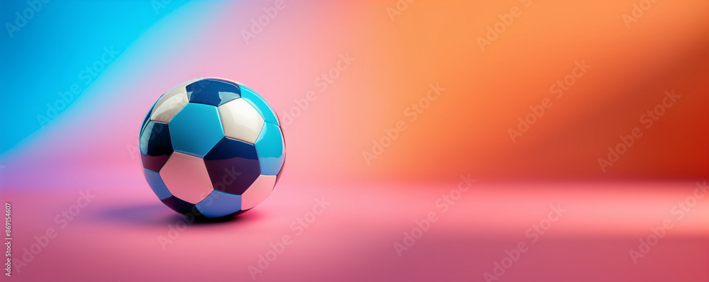 Fototapeta premium Blue and navy soccer ball on the pink floor for girl football. Background for sports event poster or banner design. For sports events, sport's camps, social media graphics, website banners.
